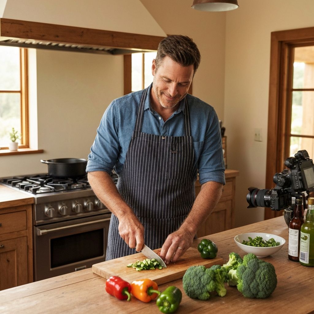 Pria paruh baya memasak makanan sehat di dapur terang dengan sayuran segar