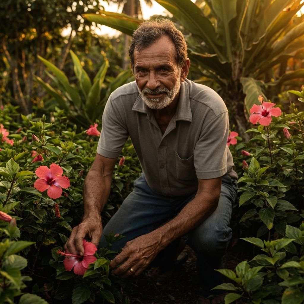 Pria paruh baya berkebun di taman tropis yang hijau dengan cahaya keemasan