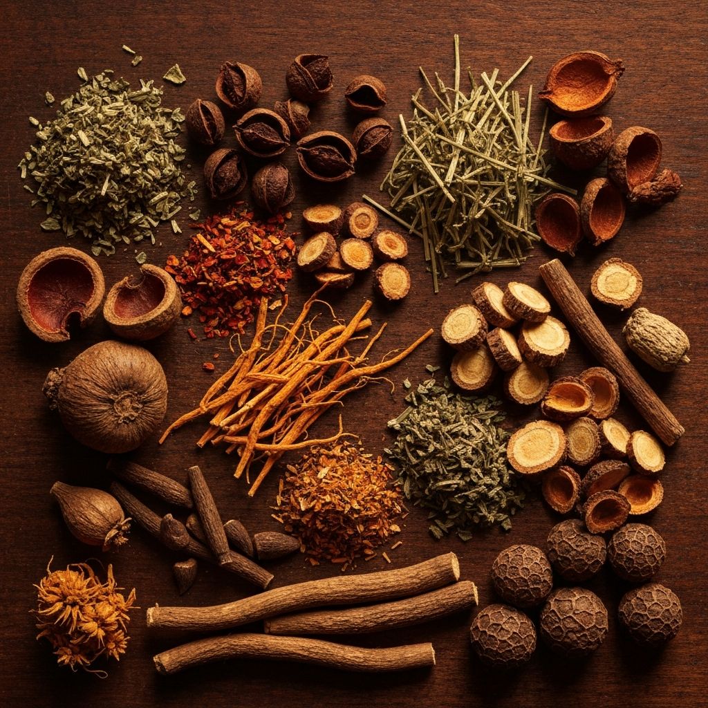 Koleksi tanaman herbal dan akar alami di atas permukaan kayu gelap