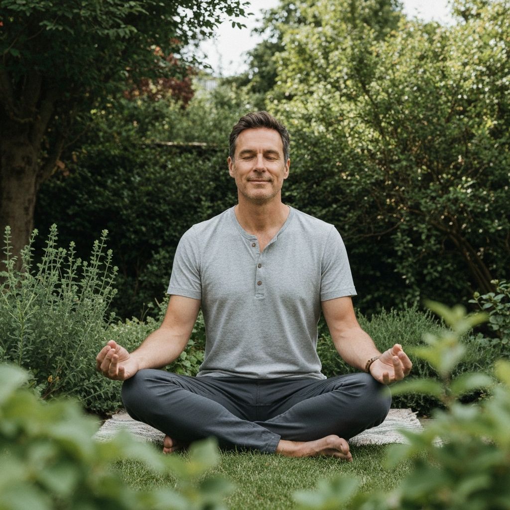 Pria paruh baya bermeditasi di taman yang tenang